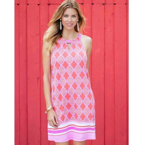 Cabana Life Sleeveless Shift Dress Coral Geo Print Pink UFP 50+ - Picture 1 of 6